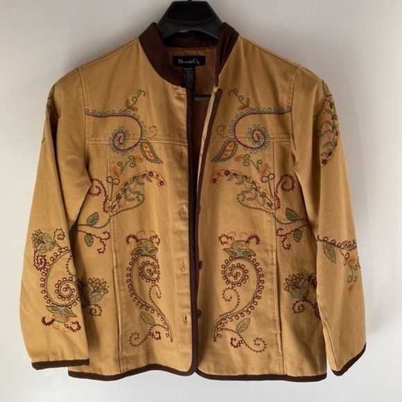 DENIM & CO. 1980s Vintage Embroidered Denim Jacket Coat - Brown - Picture 13 of 17